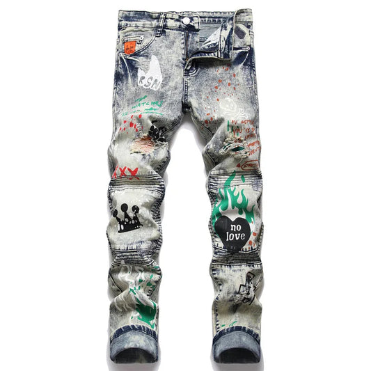 Stretch Denim Jeans Streetwear Patchwork Holes Ripped Distressed