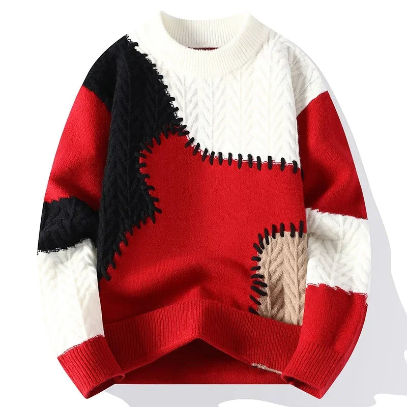 Men Patchwork Sweater O Neck Pullovers Spliced Long Sleeve  Wool Casual