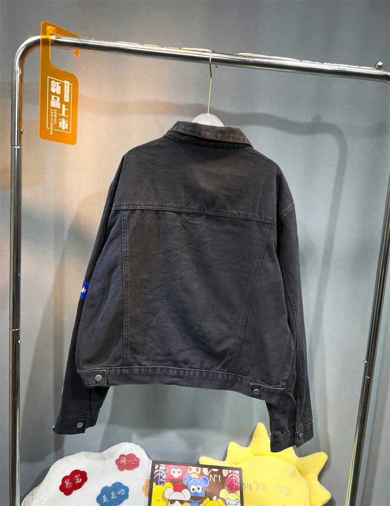 Men's Embroidered Denim Jacket Trendy Slim Fit w Badge Jeans Coat