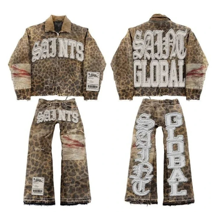 American Retro Denim Jacket  Jeans Two Piece Y2K Clothing Mens Womens Hip Hop Monogram Patchwork Oversized Coats Pants Suit