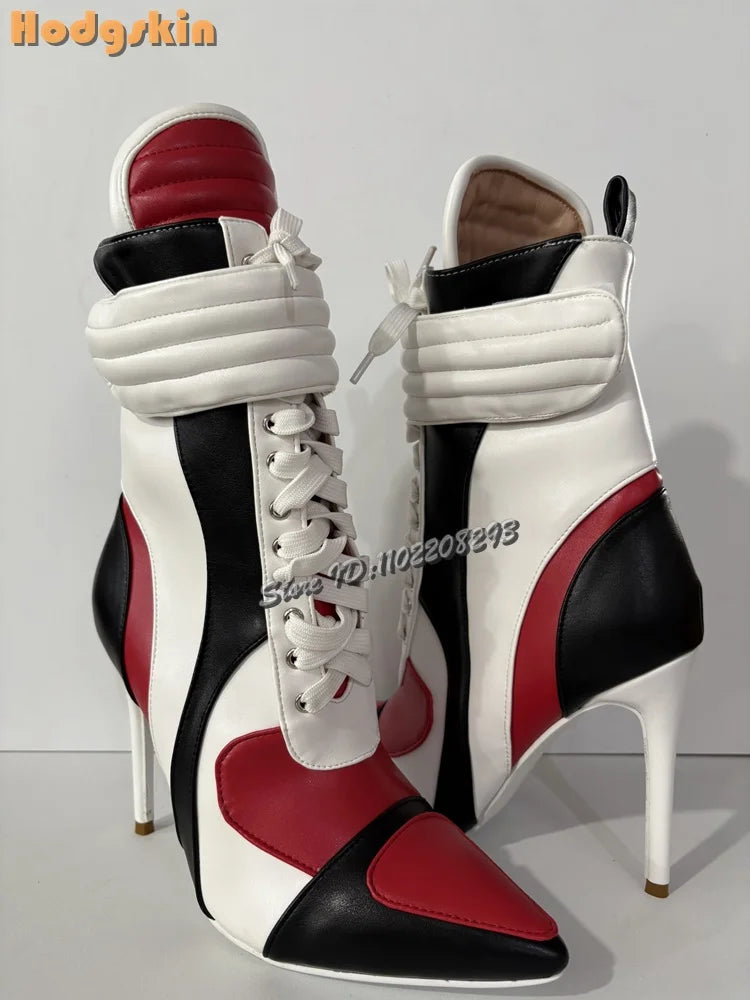 Patchwork Sports Ankle Boots Pointed Cross-tied High Heels Short Boots 2025 Autumn New Women Fashion Stiletto Motorcycle Shoes
