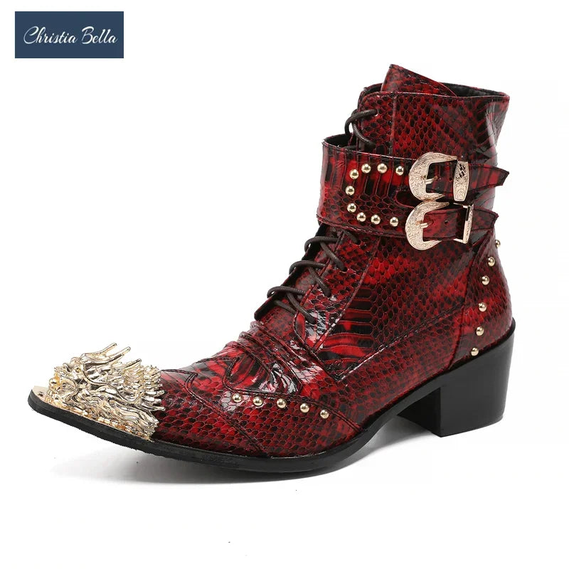 Red New Men Short Boots, Winter Increase Height, Cowboy Boots Lace Up Real Leather Boots Man Dress Shoes