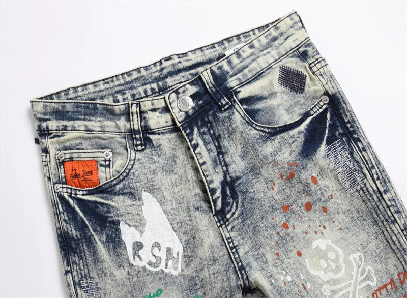 Stretch Denim Jeans Streetwear Patchwork Holes Ripped Distressed