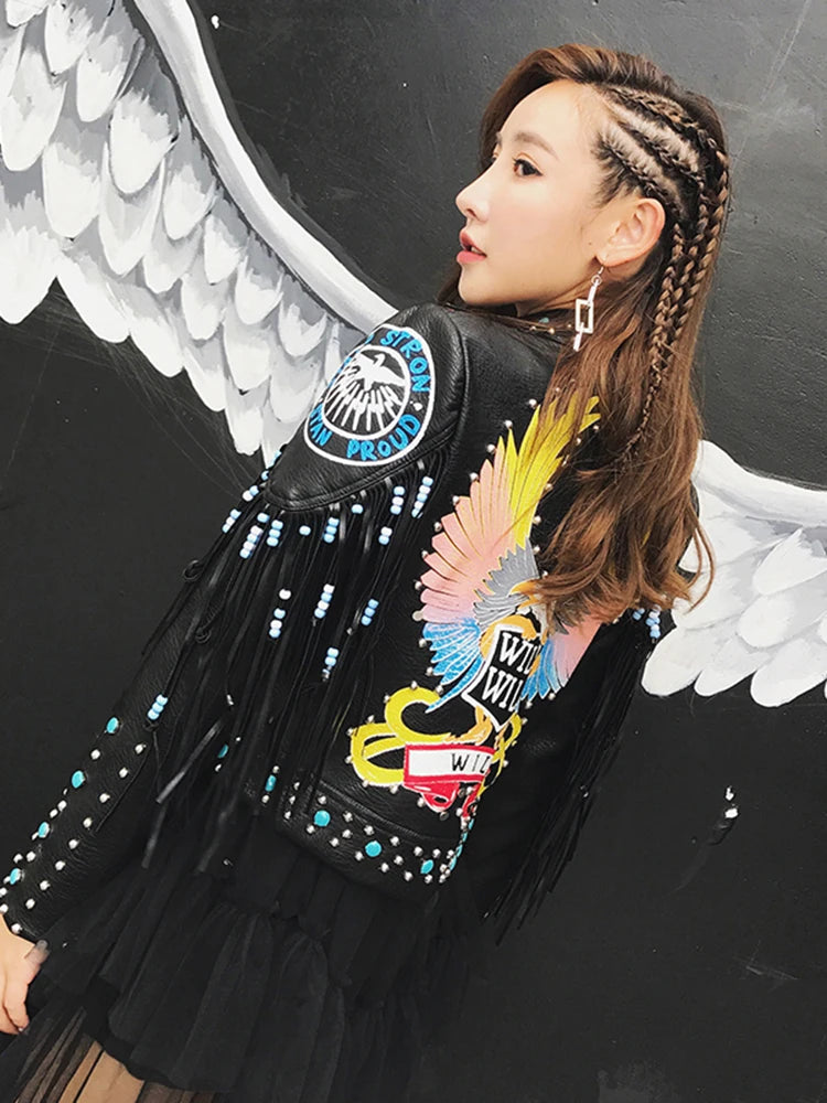 2026 new European style tassel rivet print trendy leather jacket motorcycle version street fashion