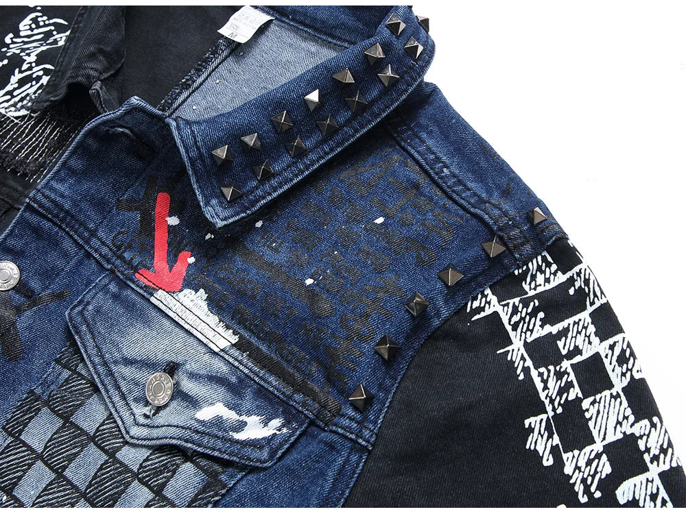 Denim Jacket Holes Ripped Plaid Patches Patchwork Jean Coat Painted Blue Black Spliced Outerwear