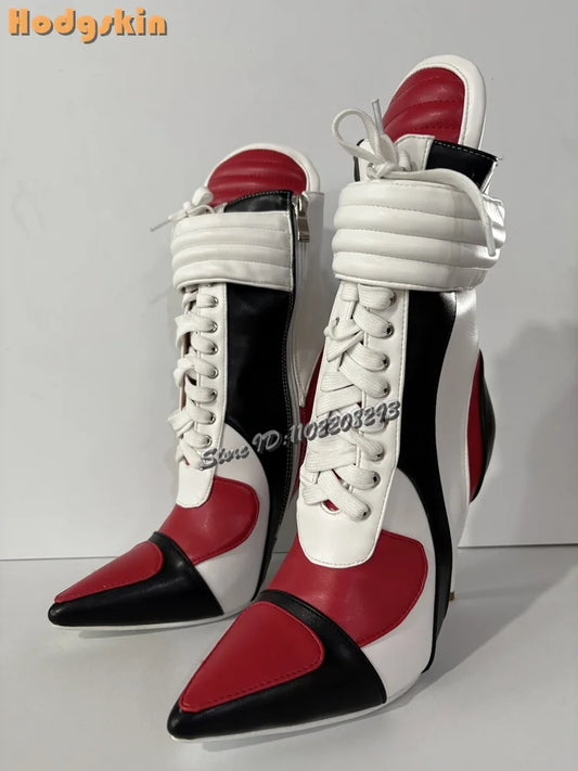 Patchwork Sports Ankle Boots Pointed Cross-tied High Heels Short Boots 2025 Autumn New Women Fashion Stiletto Motorcycle Shoes