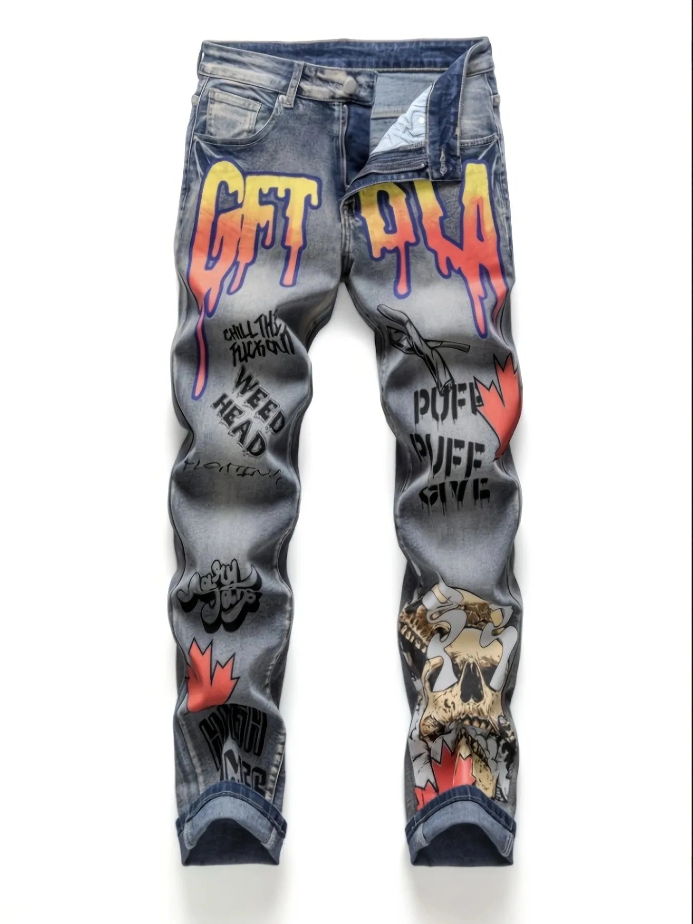 European and American all-sweep retro maple leaf ghost head straight jeans
