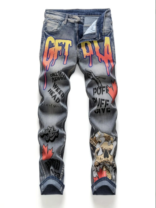 European and American all-sweep retro maple leaf ghost head straight jeans