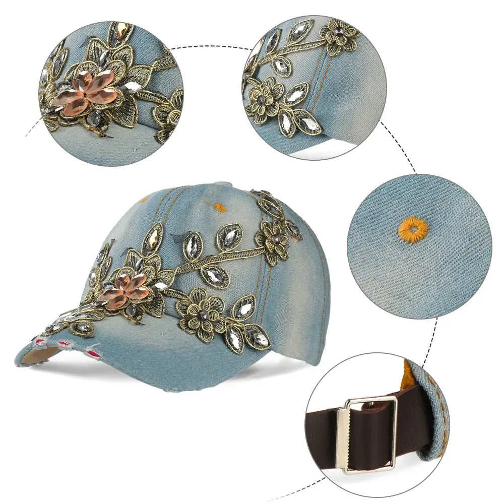Diamond-studded Baseball Caps Cowboy Hat Cap Golden Flowers
