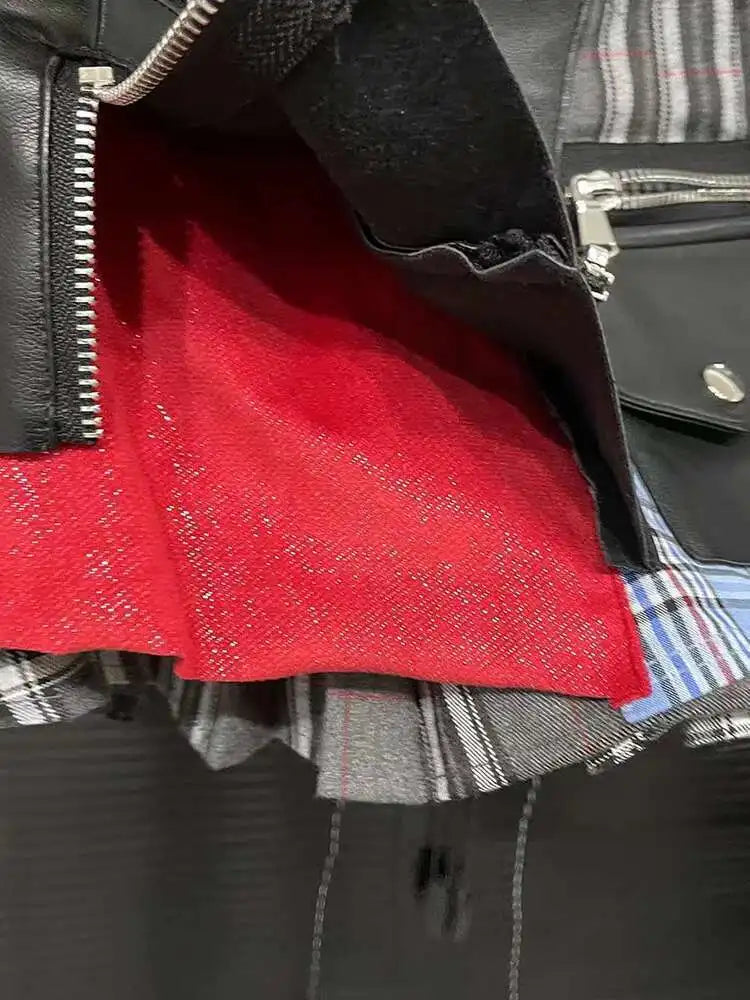 Patchwork Plaid Design Pleated Mini Skirts High Waist A-line Skirt Female/ women's