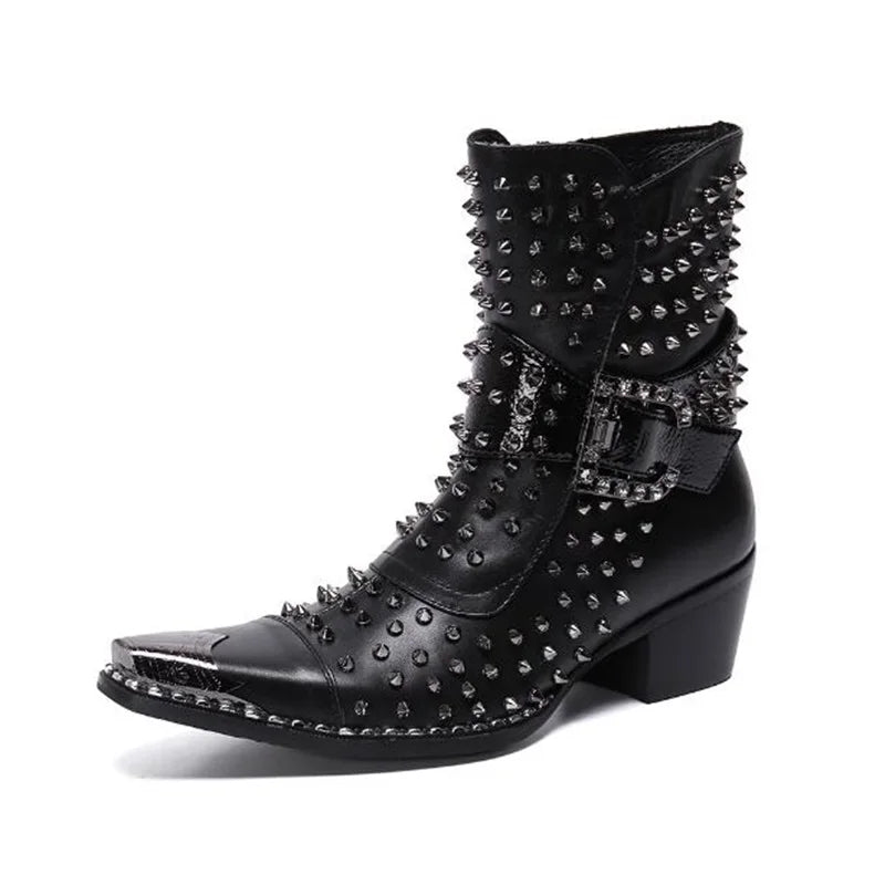 Red Black Leather Pathcwork Studded Ankle Boots For Men Gold Iron Toe Buckle Strap Block Heels Runway Cowboy Riding Chelsea Boot