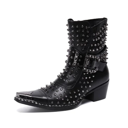Red Black Leather Pathcwork Studded Ankle Boots For Men Gold Iron Toe Buckle Strap Block Heels Runway Cowboy Riding Chelsea Boot