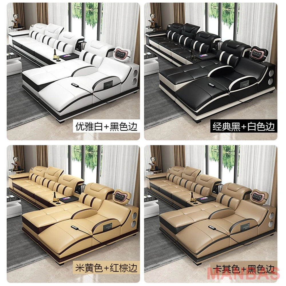 Italian Genuine Leather Sectional Sofa with Bluetooth, Speaker, Functional Headrest, Massage Chaise L Shape Corner
