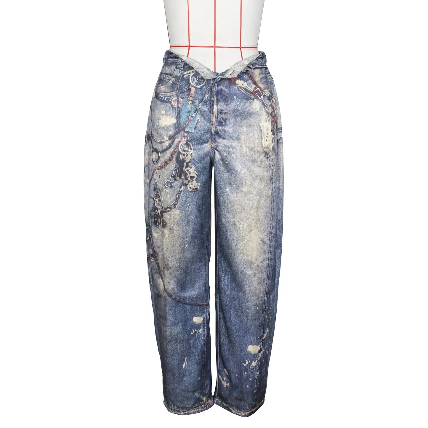 Women Denim Casual Leather Wide Leg Pants Streetwear Lady Loose Straight-Leg Jeans