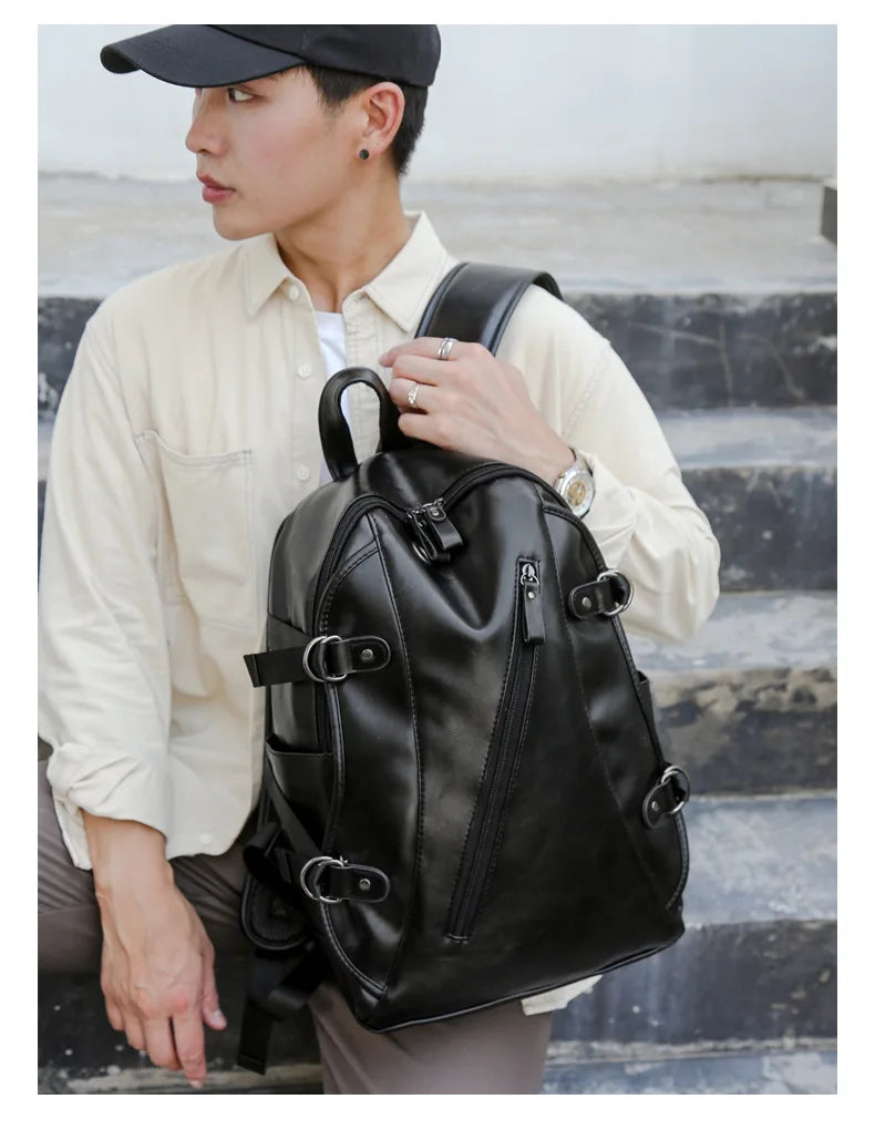 soft PU leather vintage casual backpack for men large capacity travel backpack male laptop shoulder bag waterproof work backpack