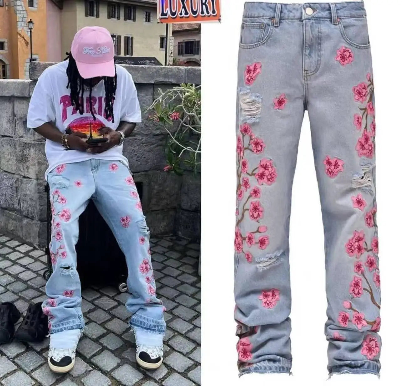 Men Jeans Print Straight Pants Men Denim Jean Button Pockets Pants Streetwear High Street Mid Waist Hole Spliced Spring Summer