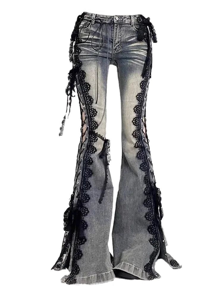 Women Academia Low Rise Lace Jeans Abi Denim Flare Pants Bell-Bottom Jap Gyaru Kpop