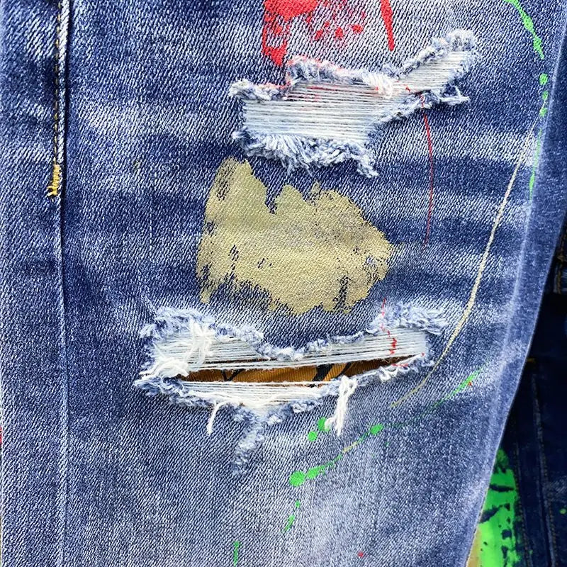 Luxury Brand 2026 Graffiti Jeans Men's Fashion Ripped Spray Paint Pants Ruffian Streetwears