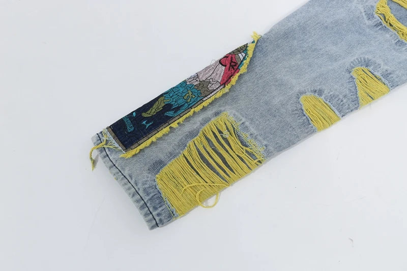 Embroidered Patch Denim Ripped  Streetwear Pleated Tassels Distressed Destroyed