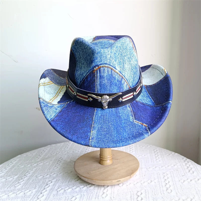 Ethnic Style Cowboy Hat Fashion Chic Unisex Solid Color Jazz Hat With Bull Shaped Decor