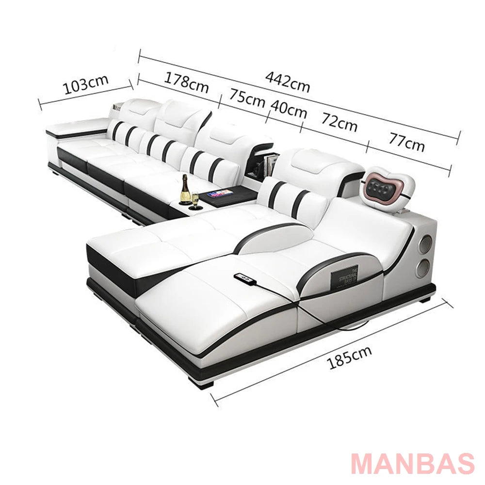 Italian Genuine Leather Sectional Sofa with Bluetooth, Speaker, Functional Headrest, Massage Chaise L Shape Corner