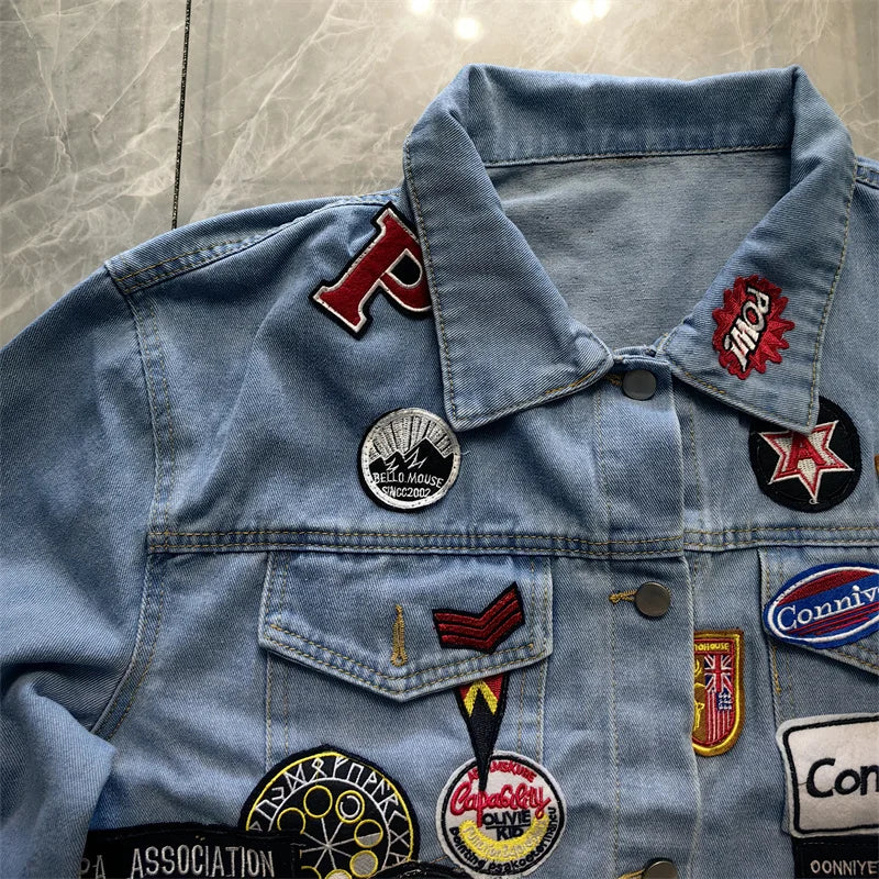 Men's Embroidered Denim Jacket Trendy Slim Fit w Badge Jeans Coat