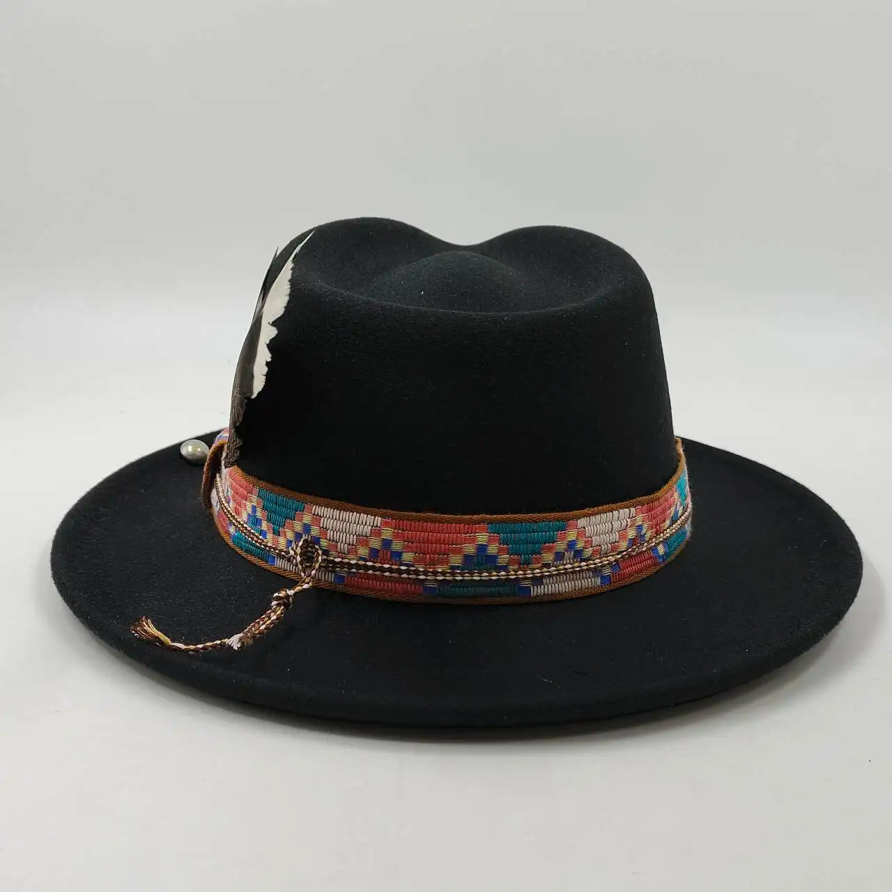 Feather Fedoras Hat for Men Women Black Felt Wide Brim Jazz Cap Plum Blossom 8 Playing Card