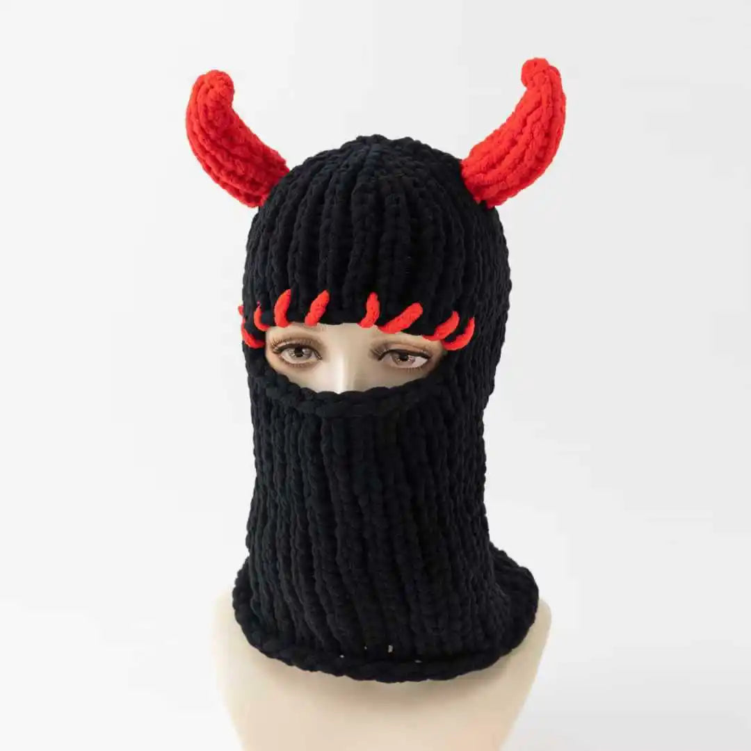 Little Devil Handmade Knitted Hat Thickened Warm Velvet Hat Face Mask Funny Ear Sweet Winter Trendy Hat