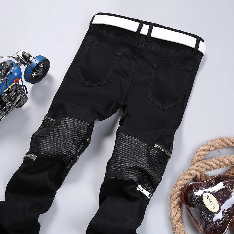 uxi Men's Slim Fit Elastic Leather Patchwork Jeans Breathable Multi-Zipper Casual Cotton Stretch Denim