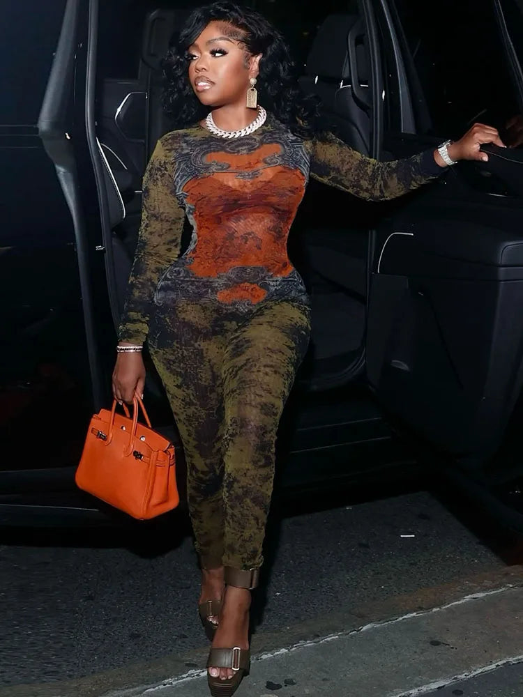 Weird Puss Sexy Fitness Jumpsuit Women Tie-Dye Print o-Neck Full Sleeve Skinny Streetwear Autumn Zip Slim Stretch Tight Overalls