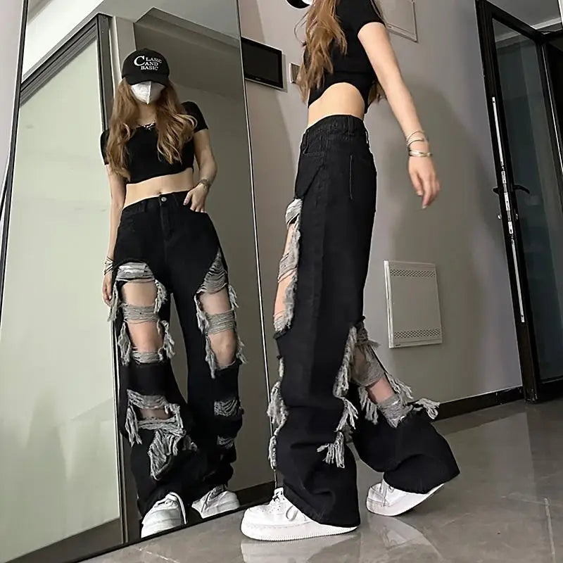 New Front-Rear  Broken Hole Jeans All-Match Distressed Women High Street Hip Hop High Waist Straight Loose Trousers