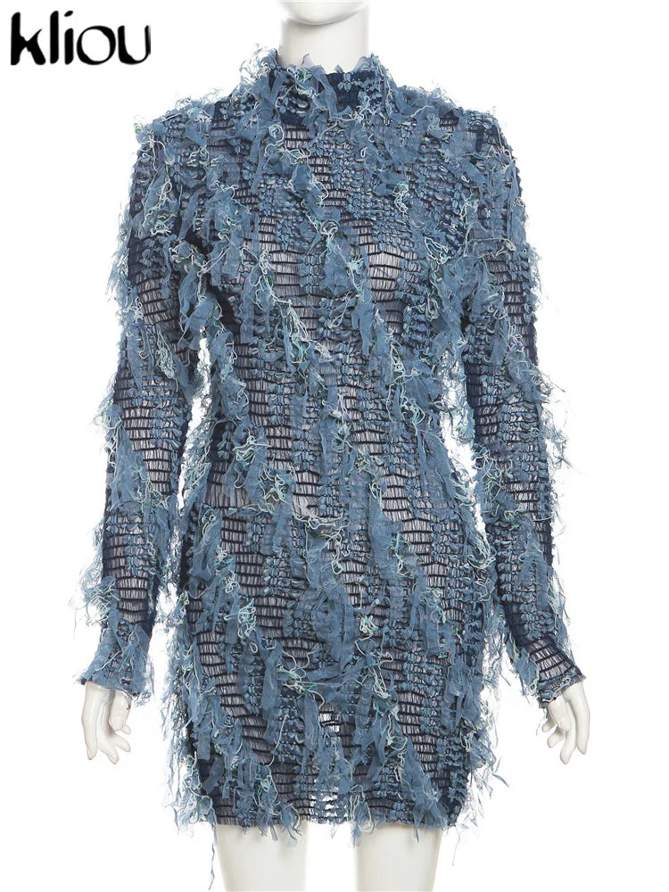 kliou Ruched Patchwork Mini Dress Women Striped Stacked Autumn Full Sleeve Crew Neck Holes Chic Bodycon Female Trend Streetwear