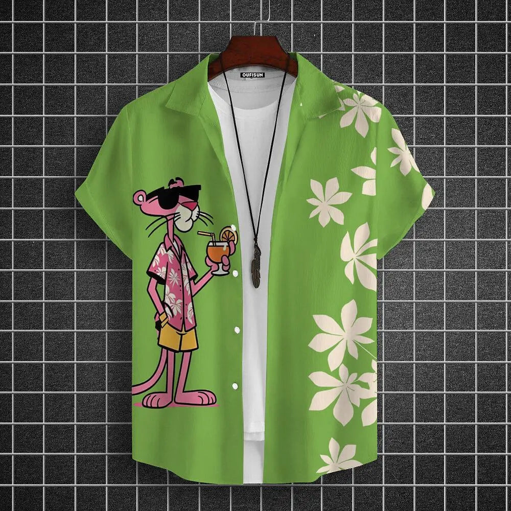 Men's  Cartoon leopard Graphic Print Short Sleeve Lapel Shirt Tops Men's Casual Button-Down Shirts For Summer Daily Wear Resort