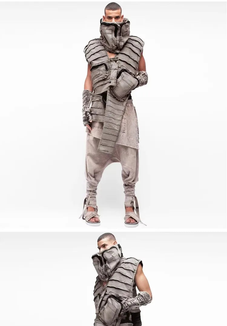 Pioneer Waste Soil Sand Dune Heavy Industry washed Asymmetric stereoscopic Bag Layered High Collar Vest coat