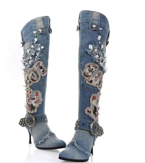 Women's Denim boots qiu dong high-heeled, bead high boots over-the-knee