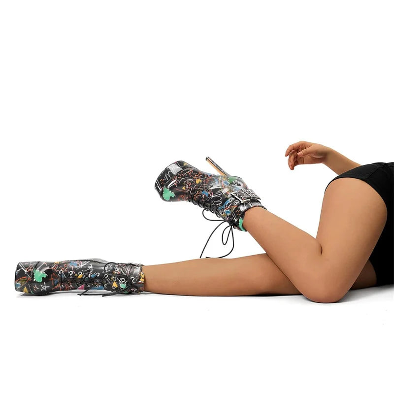 2026 Sexy Leopard Heels Ladies Ankle Boots Platform Front Lace-Up Buckle Strap Catwalk Stiletto