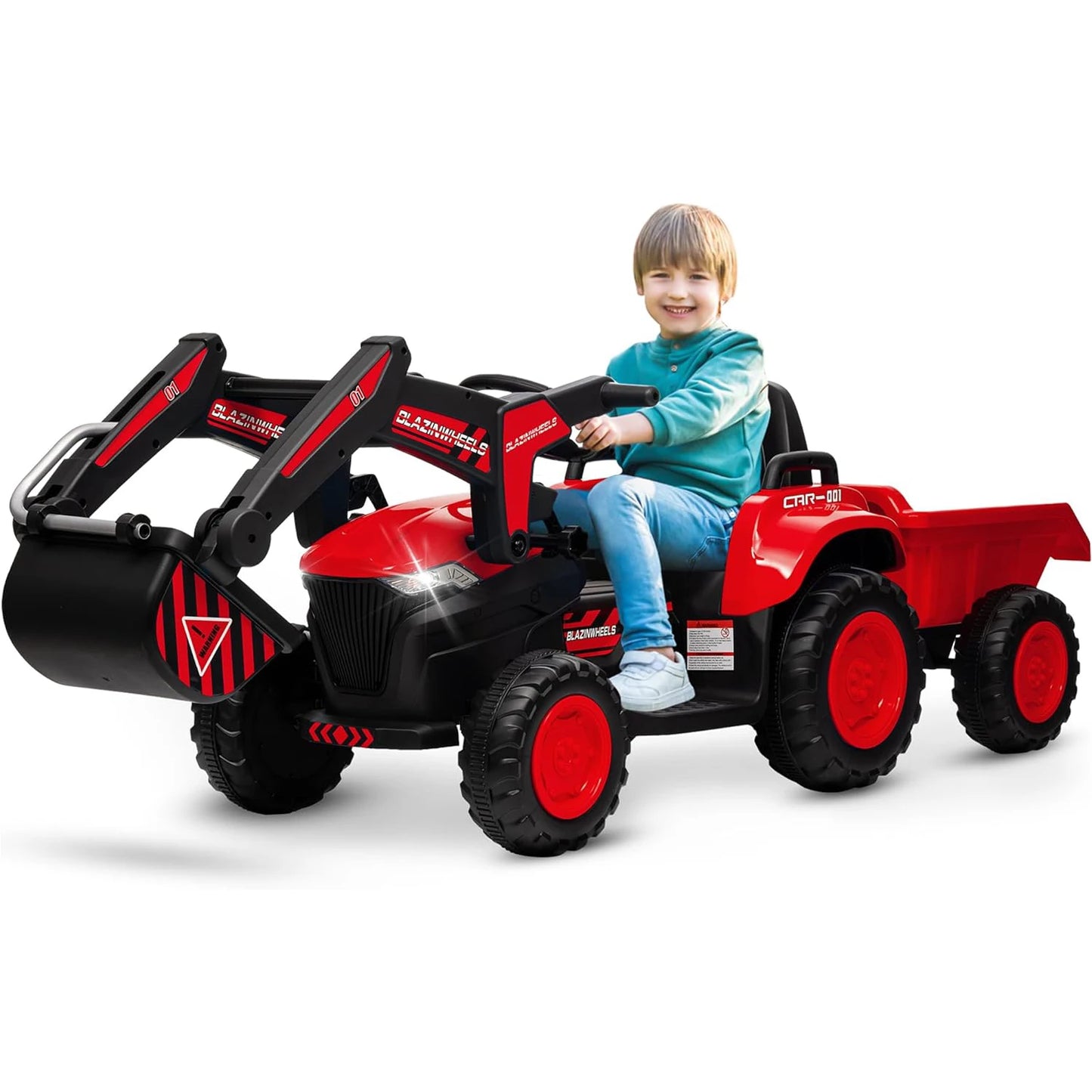 12V 3 in 1 Kids Ride On Excavator & Tractor with Detachable Trailer, Kids Electric Vehicles with Remote Control LED Lights Music