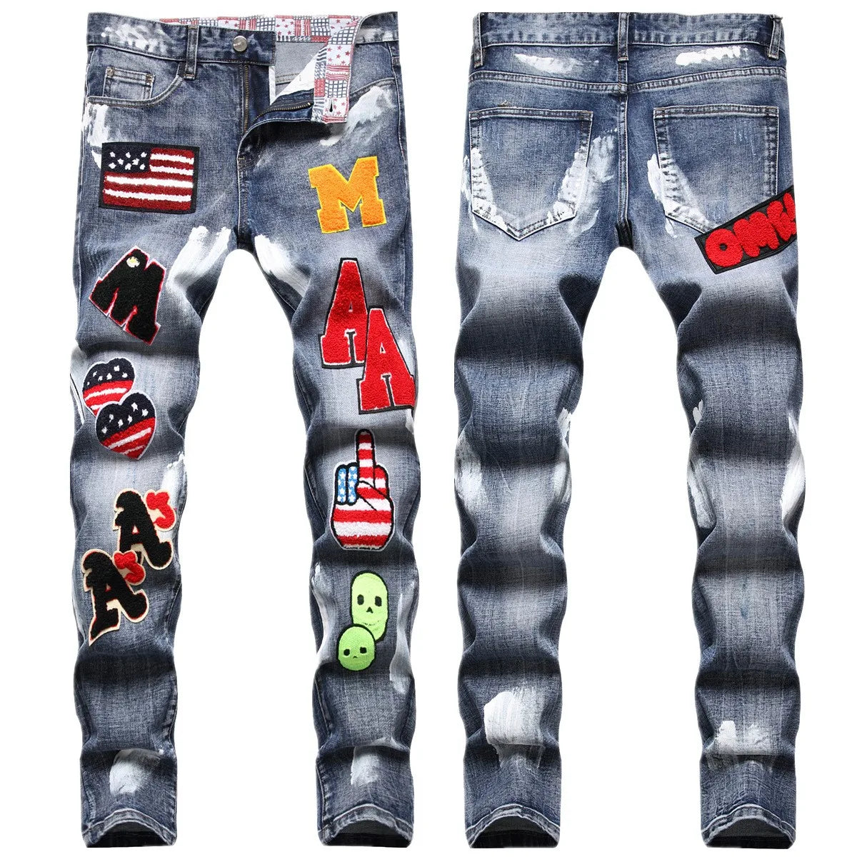European and American process washed personalized embroidered with badges elastic jeans