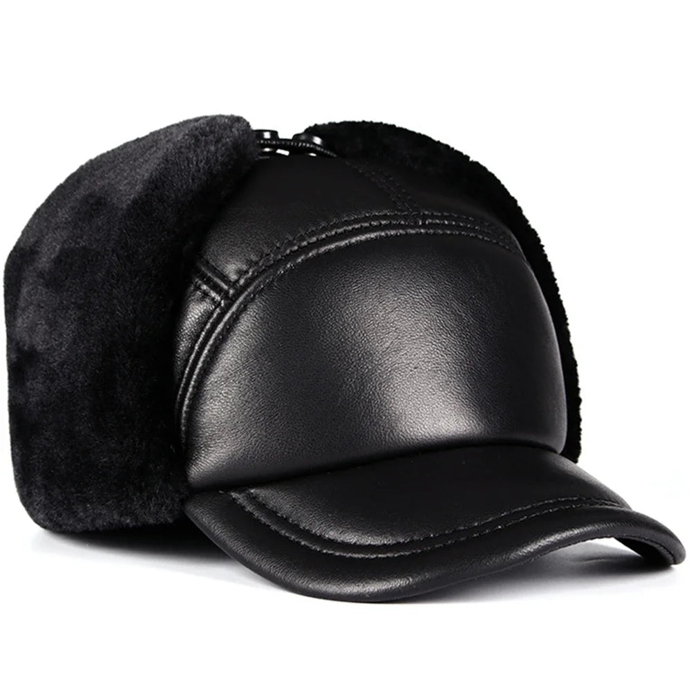 High Quality Genuine Leather Hats Winter First Layer Cowhide Warm Earmuffs Bomber Caps Plus Velvet Thicken Man Bone Caps Dad Hat
