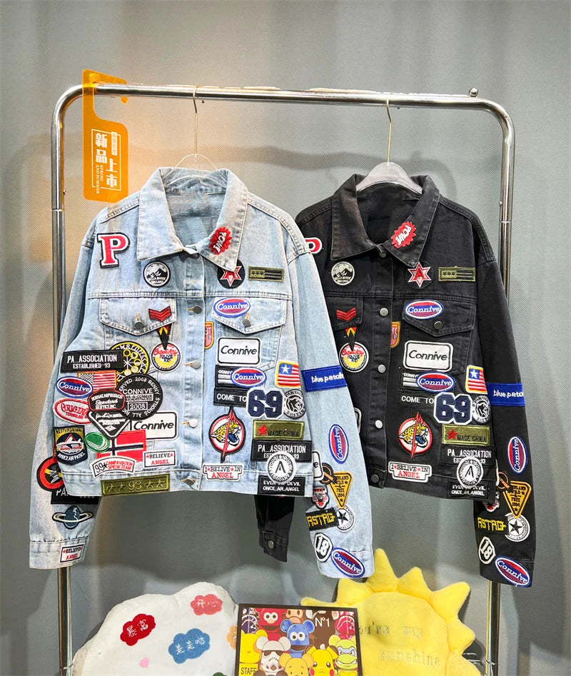 Men's Embroidered Denim Jacket Trendy Slim Fit w Badge Jeans Coat