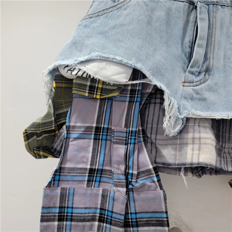 YEAE plaid patchwork irregular denim shorts women's fashion high-waisted A-word denim shorts skirt