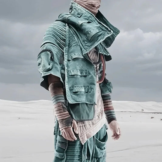Men and Waste Soil Style  Asymmetric Deconstruction Pleated Jacket Futuristic Washed Short Coat Male