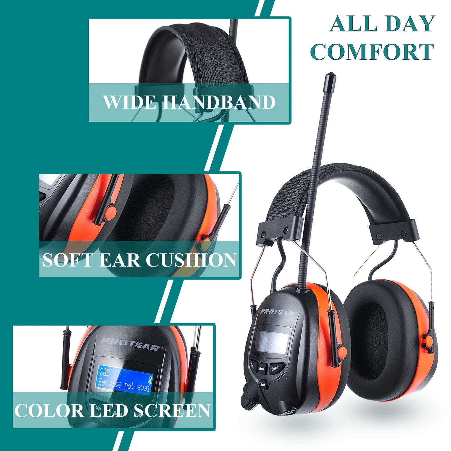 PROTEAR DAB/FM Radio Ear Defenders with  Bluetooth Rechargeable Electronic Headphones SNR 30db Wireless Noise Canceling Earmuffs