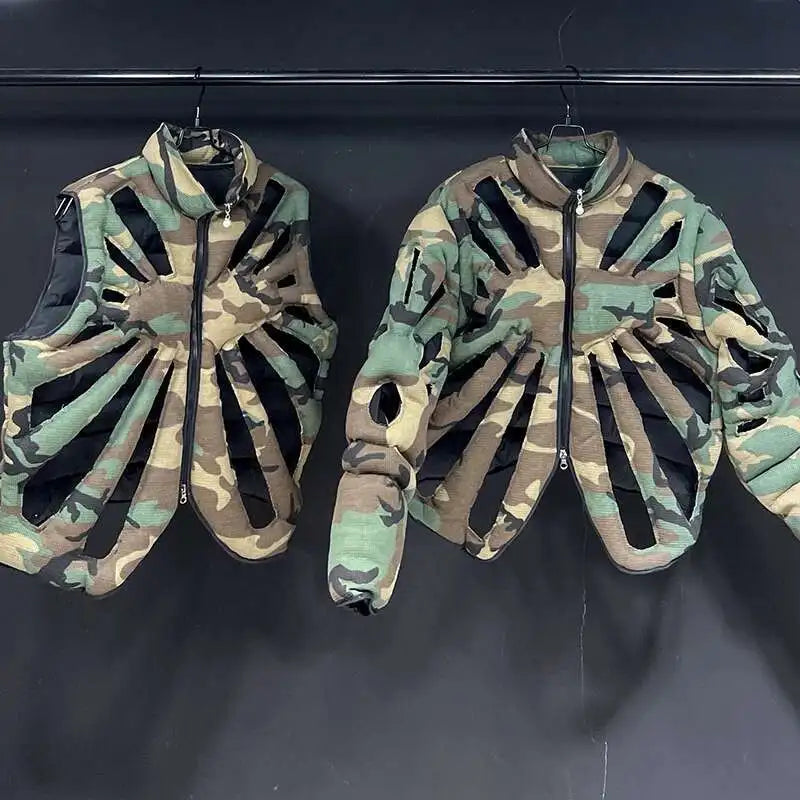 PFHQ Camouflage Vest Jacket Sleeveless Hollow Out Niche Zipper Contrast Color American Streetwear