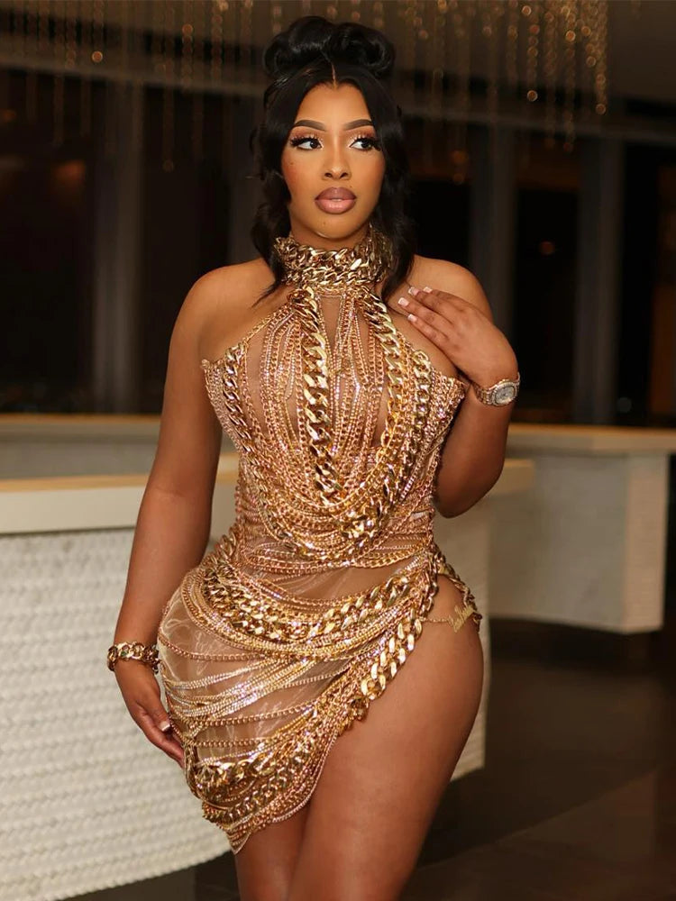 Glamorous Gold Metal Chain - Embellished Halter Mini Dress Side Splitt Club Nights luxury Dresses Vestidos