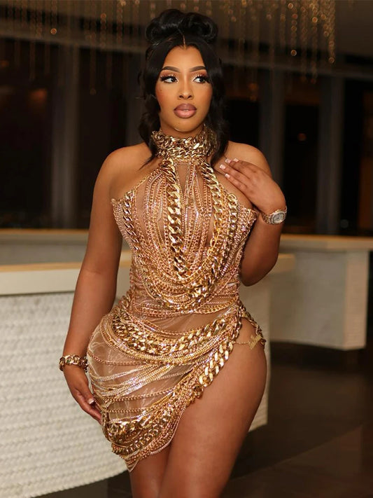 Glamorous Gold Metal Chain - Embellished Halter Mini Dress Side Splitt Club Nights luxury Dresses Vestidos