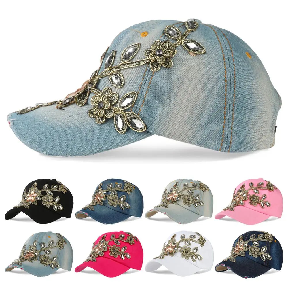 Diamond-studded Baseball Caps Cowboy Hat Cap Golden Flowers