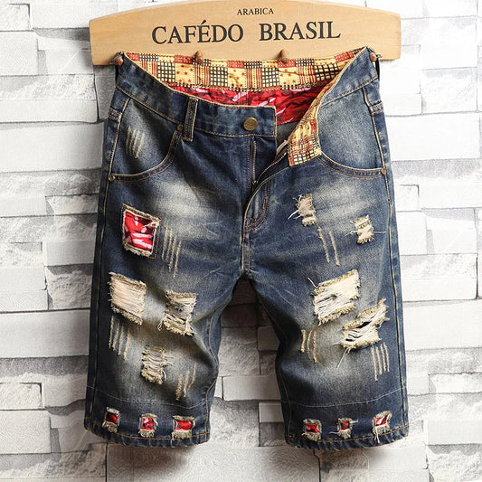Ripped hole Mens Jeans Short Street Vintage Straight Slim Denim