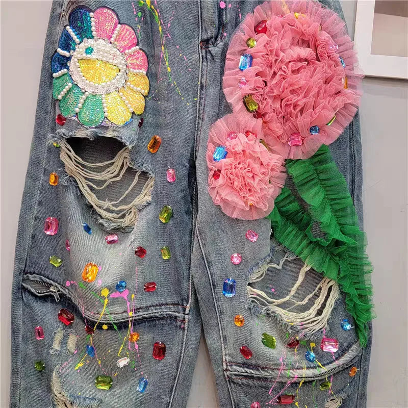 HKSH Spring Summer New Women Ins Chic High Street Three-dimensional Flower Diamonds Jeans Casual Elastic Waist Long Pants