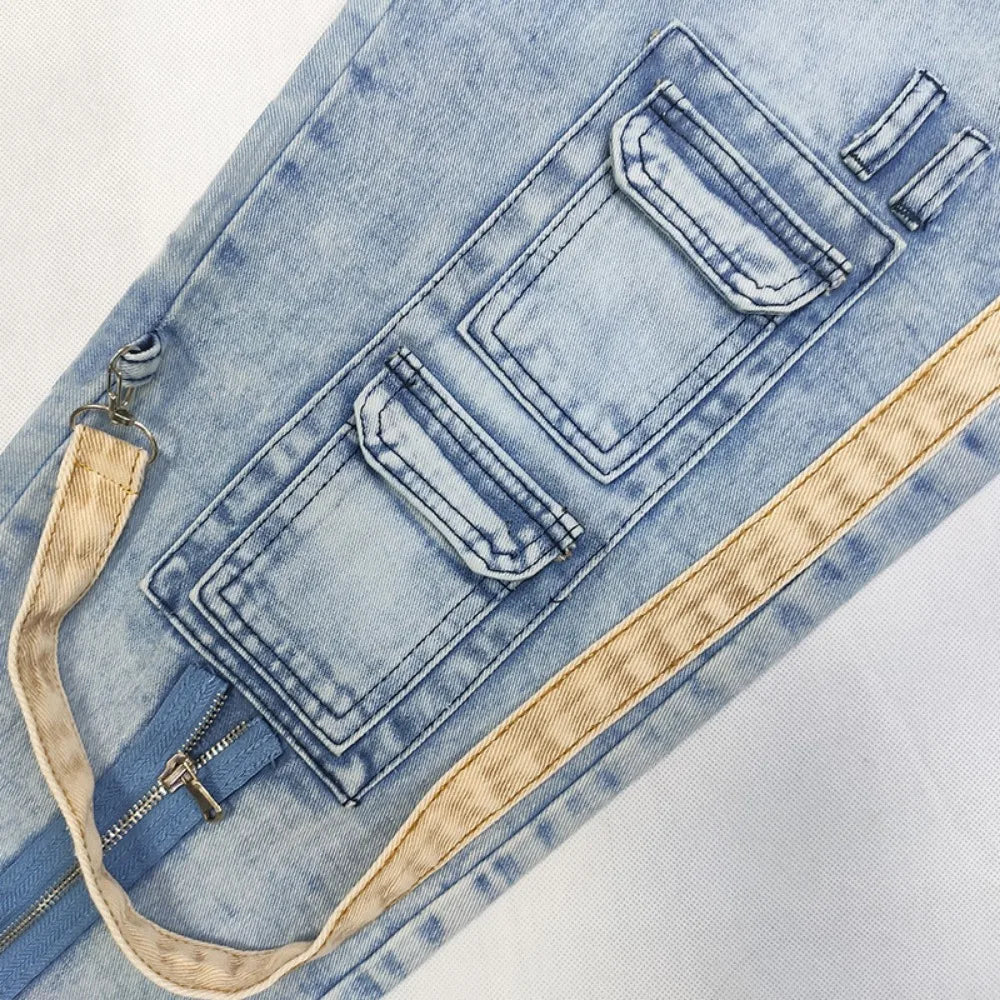 Denim Pencil Pants Pockets Splice Zipper Slim Fit Waist Regular Casual Straight legs